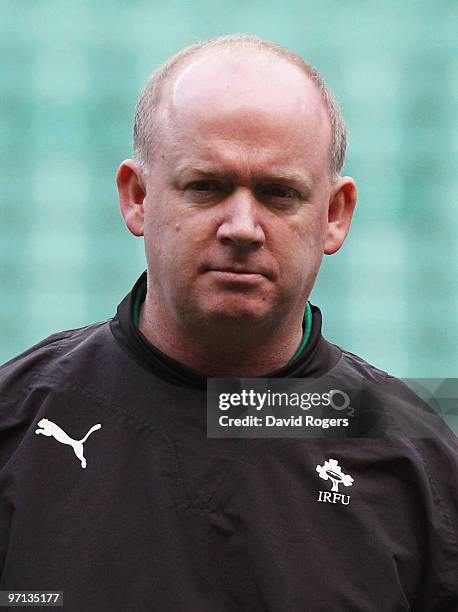 Declan Kidney coach of Ireland looks on prior to the RBS Six Nations match between England and Ireland at Twickenham Stadium on February 27, 2010 in...