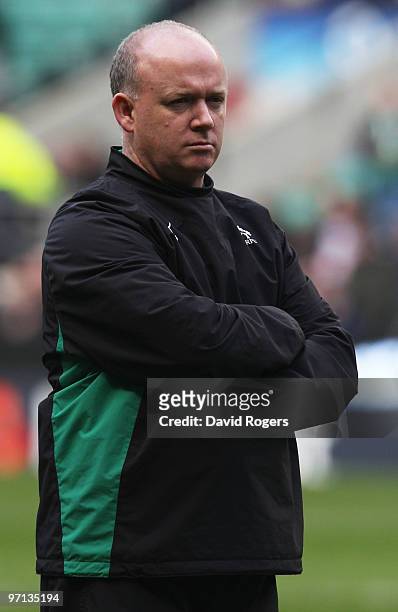 Declan Kidney coach of Ireland looks on prior to the RBS Six Nations match between England and Ireland at Twickenham Stadium on February 27, 2010 in...