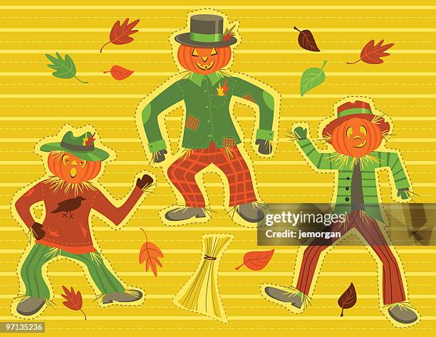 scarecrows and pumpkin heads - orange coat stock illustrations