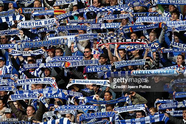 Fans of Berlin are seen prior to the Bundesliga match between Hertha BSC Berlin v 1899 Hoffenheim at Olympic Stadium on February 27, 2010 in Berlin,...