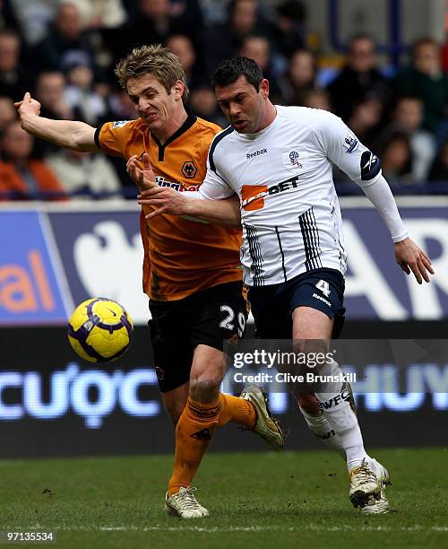 Kevin Doyle of Wolverhampton Wanderers in action with of Bolton Wanderers during the Barclays Premier League match between Bolton Wanderers and...