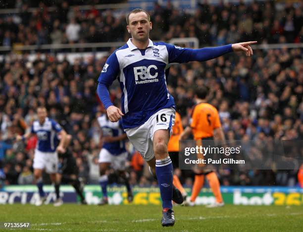 James McFadden of Birmingham City celebrates scoring the first goal for Birmingham from a penalty during the Barclays Premier League match between...
