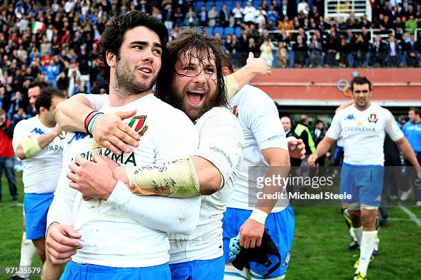 Luke McLean and Martin Castrogiovanni of Italy celebrate victory after the Italy v Scotland RBS Six Nations match at the Stadio Flaminio on February...
