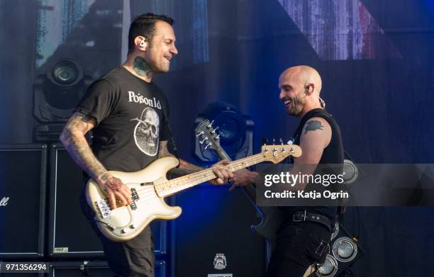 Joe Principe and Zach Blair of Rise Against perform at Download Festival at Donington Park on June 10, 2018 in Castle Donington, England.
