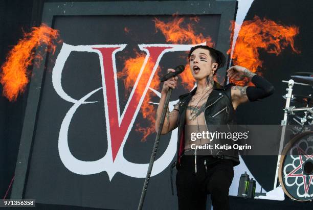 Andy Biersack of Black Veil Brides performs at Download Festival at Donington Park on June 10, 2018 in Castle Donington, England.