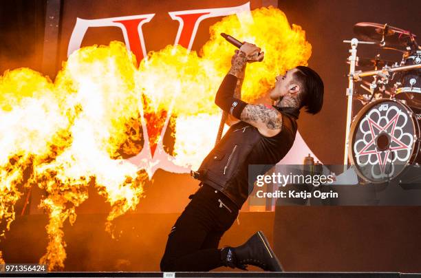 Andy Biersack of Black Veil Brides performs at Download Festival at Donington Park on June 10, 2018 in Castle Donington, England.