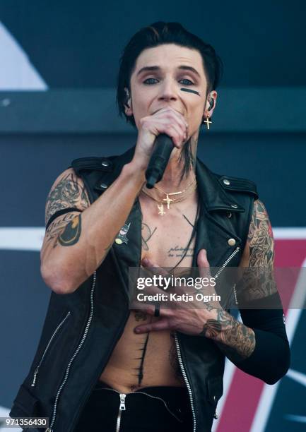 Andy Biersack of Black Veil Brides performs at Download Festival at Donington Park on June 10, 2018 in Castle Donington, England.