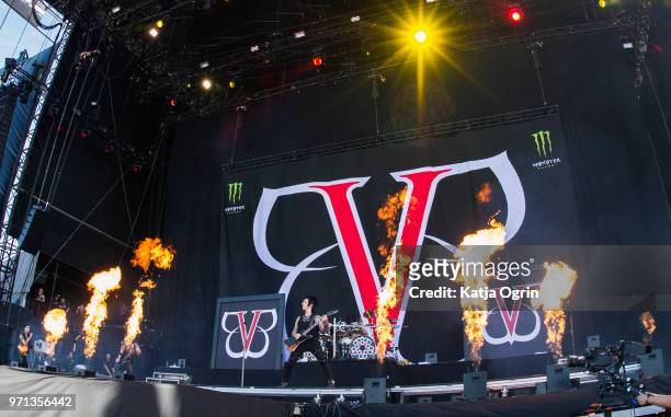 Andy Biersack, Ashley Purdy, Jake Pitts, Jinxx and Christian "CC" Coma of Black Veil Brides perform at Download Festival at Donington Park on June...