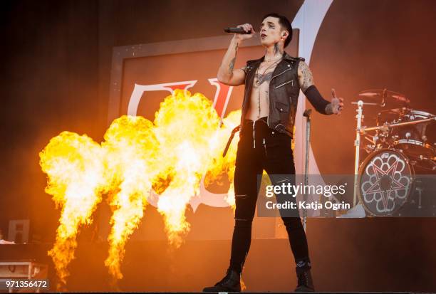 Andy Biersack of Black Veil Brides performs at Download Festival at Donington Park on June 10, 2018 in Castle Donington, England.