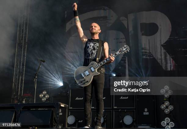Zach Blair of Rise Against performs at Download Festival at Donington Park on June 10, 2018 in Castle Donington, England.