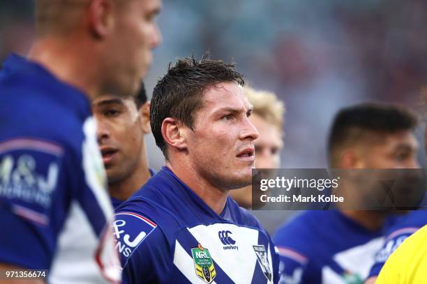 Josh Jackson of the Bulldogs looks dejected after a Dragons try during the round 14 NRL match between the Canterbury Bulldogs and the St George...