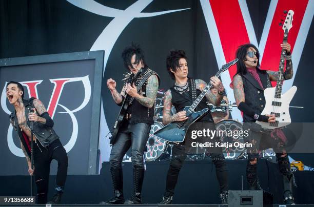 Andy Biersack, Ashley Purdy, Jake Pitts, Jinxx and Christian "CC" Coma of Black Veil Brides perform at Download Festival at Donington Park on June...