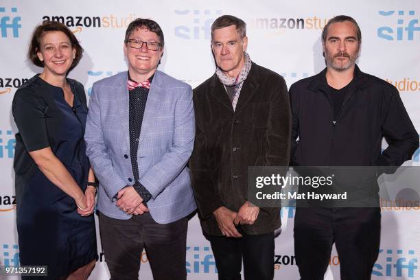 Sarah Wilke, Beth Barrett, Gus Van Sant and Joaquin Phoenix attend a screening of the film 'Don't Worry, He Won't Get Far On Foot' during the Seattle...