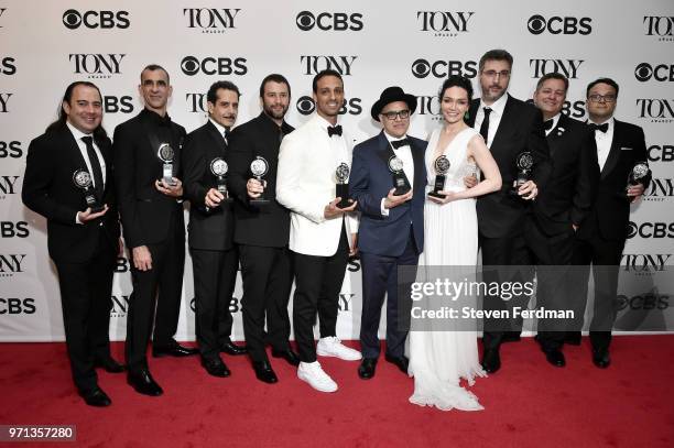 Tony Shalhoub, Ari'el Stachel, David Yazbek, Katrina Lenk and the cast and crew of "The Band's Visit" pose in the 72nd Annual Tony Awards Media Room...