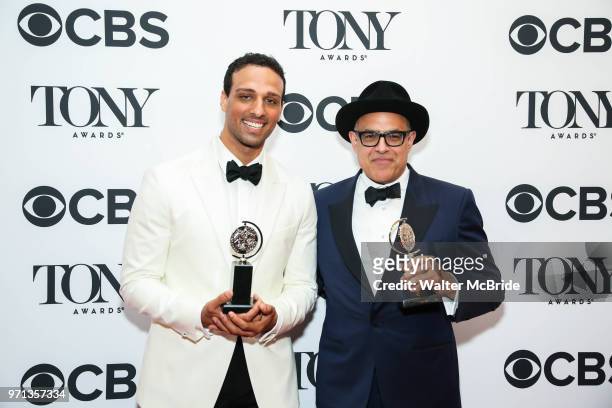 Ari'el Stachel and David Yazbek pose in the 72nd Annual Tony Awards Press Room at 3 West Club on June 10, 2018 in New York City.