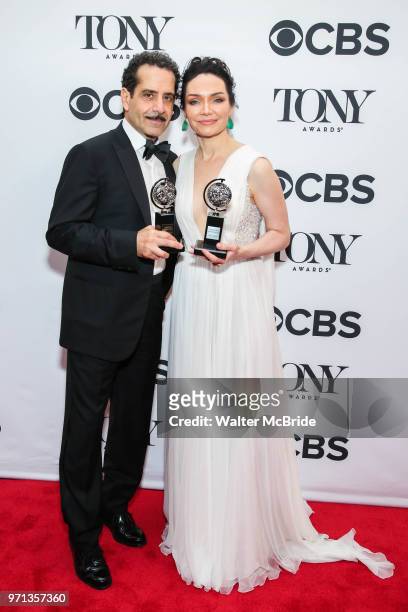 Tony Shaloub and Katrina Lenk pose in the 72nd Annual Tony Awards Press Room at 3 West Club on June 10, 2018 in New York City.