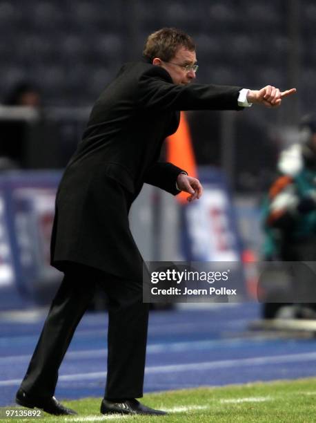 Head coach Ralf Rangnick of Hoffenheim gestures during the Bundesliga match between Hertha BSC Berlin v 1899 Hoffenheim at Olympic Stadium on...