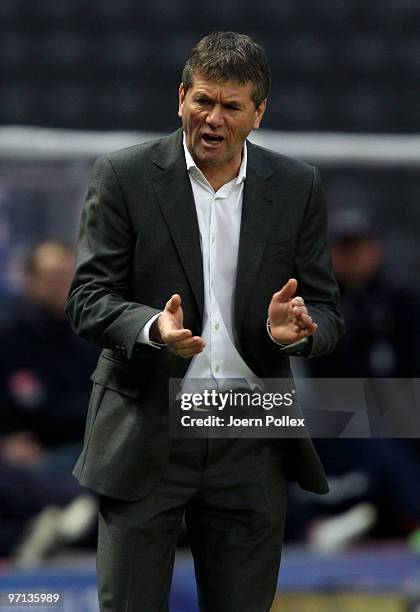 Head coach Friedhelm Funkel of Berlin gestures during the Bundesliga match between Hertha BSC Berlin v 1899 Hoffenheim at Olympic Stadium on February...