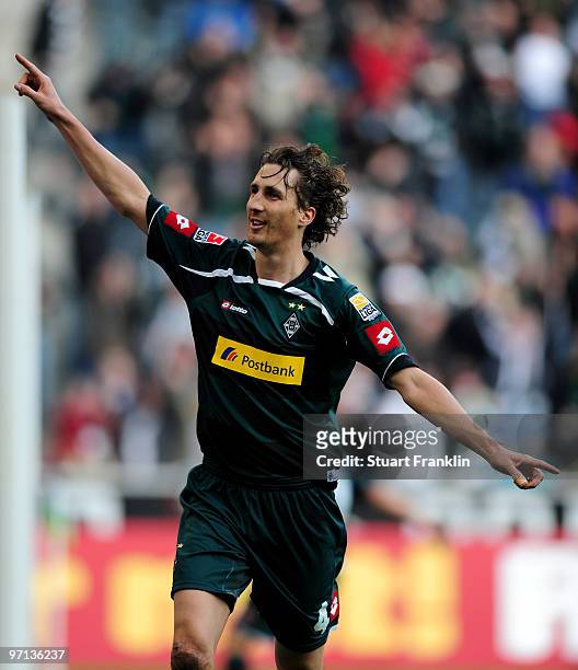 Roel Brouwers of Monchengladbach celebrates scoring his goal during the Bundesliga match between Borussia Monchengladbach and SC Freiburg at Borussia...