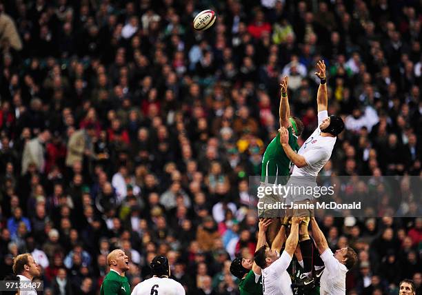 Jamie Heaslip of Ireland and Steve Borthwick of England jump for a line out during the RBS Six Nations match between England and Ireland at...