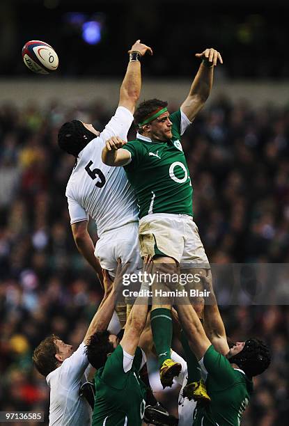 Jamie Heaslip of Ireland and Steve Borthwick of England jump for a line out during the RBS Six Nations match between England and Ireland at...