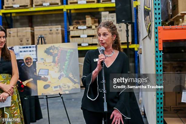 Karen Ferguson speaks at GenR: LA Force for Change Photo Exhibition hosted by GenR and the International Rescue Committee at GreenBar Distillery on...