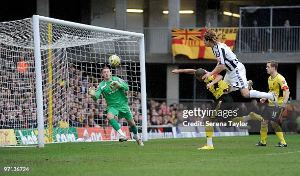 Fabricio Coloccini scores the first goal during the Coca-Cola championship match between Watford and Newcastle United at Vicarage Road on February...