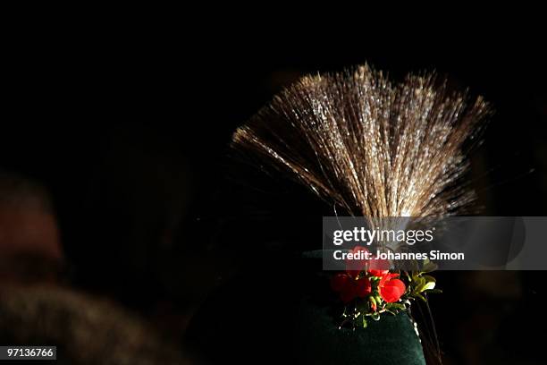 Gamsbart', part of the traditional Bavarian costume is seen during a reception for Victoria Rebensburg, Olympic gold medal winneron February 27, 2010...