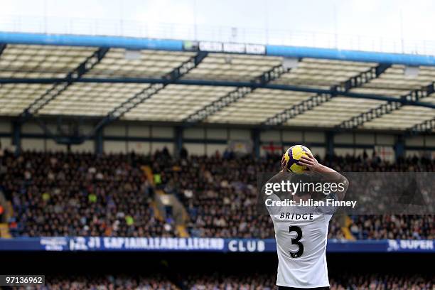 Wayne Bridge of Manchester City takes a throw in during the Barclays Premier League match between Chelsea and Manchester City at Stamford Bridge on...