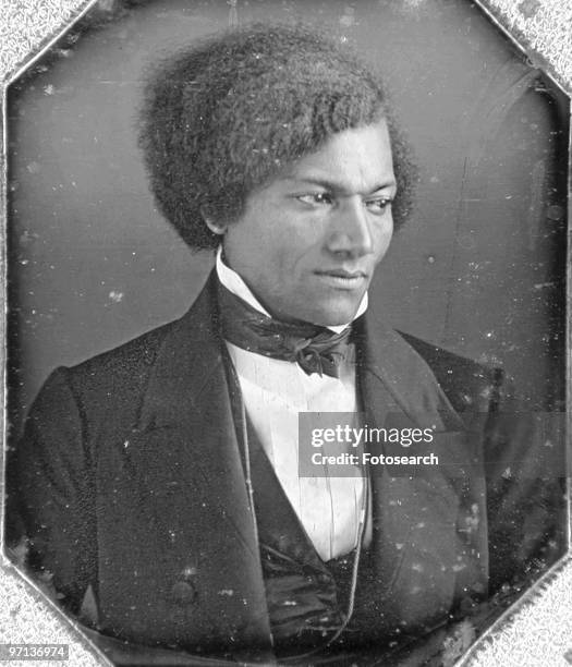 Daguerreotype portrait of American abolitionist Frederick Douglass as a young man, 1848. Formerly enslaved he became the first Black man to be...