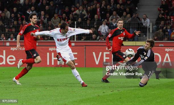 Sebastian Freis of Koeln misses a chance against Rene Adler of Leverkusen during the Bundesliga match between Bayer Leverkusen and 1. FC Koeln at...