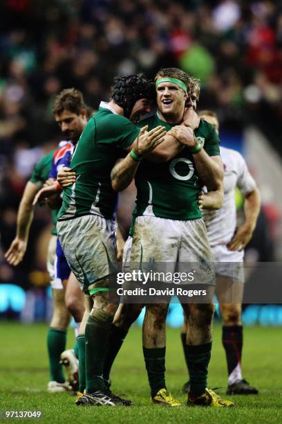 Jamie Heaslip and Stephen Ferris of Ireland celebrates victory after the RBS Six Nations match between England and Ireland at Twickenham Stadium on...