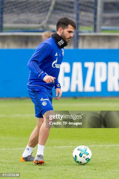 Pablo Insua of Schalke controls the ball during a training session at the FC Schalke 04 Training center on April 3, 2018 in Gelsenkirchen, Germany.