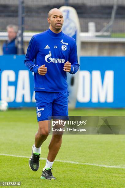 Naldo of Schalke runs during a training session at the FC Schalke 04 Training center on April 3, 2018 in Gelsenkirchen, Germany.