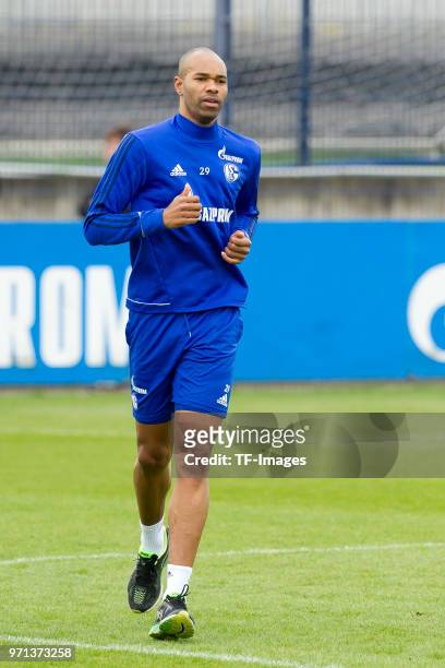 Naldo of Schalke runs during a training session at the FC Schalke 04 Training center on April 3, 2018 in Gelsenkirchen, Germany.
