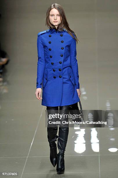 Model walks down the runway during the Burberry Prorsum fashion show, part of London Fashion Week, London on February 23, 2010 in London, England.