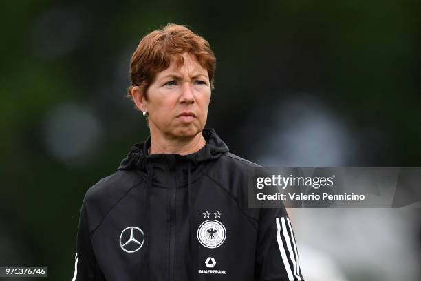 Women's Germany head coach Maren Meinert looks on during the Four Nations Tournament match between U20 Women's France and U20 Women's Germany at...