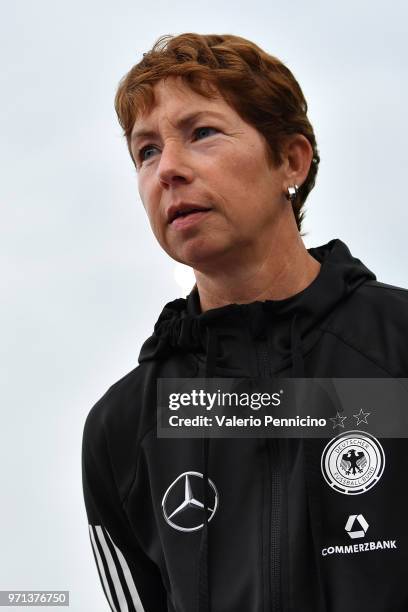 Women's Germany head coach Maren Meinert looks on during the Four Nations Tournament match between U20 Women's France and U20 Women's Germany at...