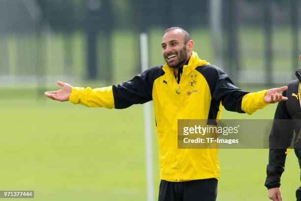 Oemer Toprak of Dortmund gestures during a training session at BVB trainings center on May 1, 2018 in Dortmund, Germany.