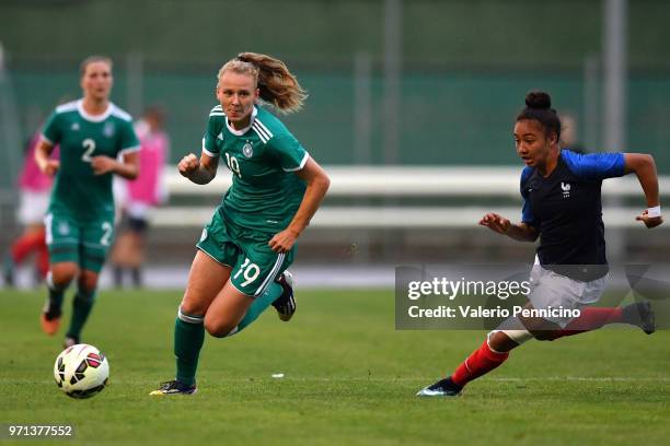 Annalena Rieke of U20 Women's Germany in action agaionst Selma Bacha of U20 Women's France during the Four Nations Tournament match between U20...