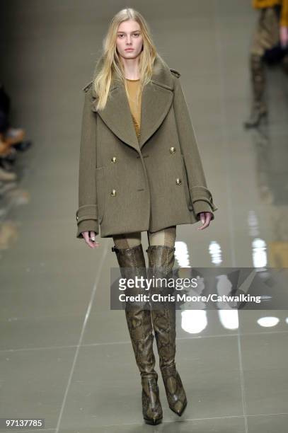 Model walks down the runway during the Burberry Prorsum fashion show, part of London Fashion Week, London on February 23, 2010 in London, England.