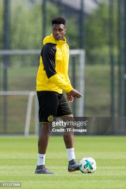 Dan-Axel Zagadou of Dortmund looks on during a training session at BVB trainings center on May 1, 2018 in Dortmund, Germany.