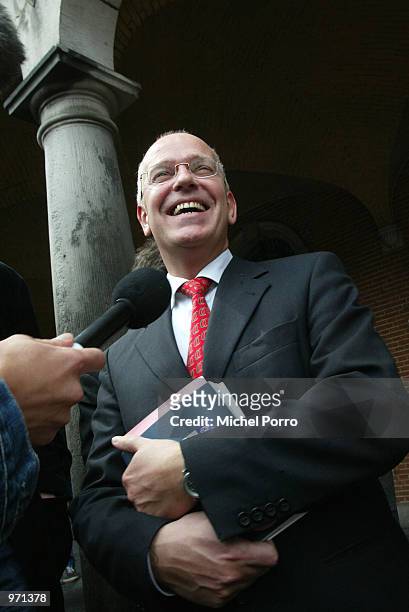 Gerrit Zalm, chairman of party VVD , speaks with the media after his negotiations with future Dutch Prime Minister Jan Peter Balkenende July 10, 2002...