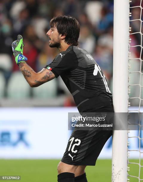 Mattia Perin of Italy gestures during the International Friendly match between Italy and Netherlands at Allianz Stadium on June 4, 2018 in Turin,...