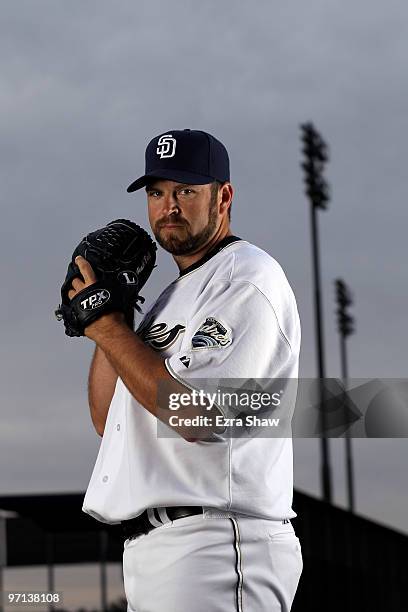 Heath Bell of the San Diego Padres poses during photo media day at the Padres spring training complex on February 27, 2010 in Peoria, Arizona.