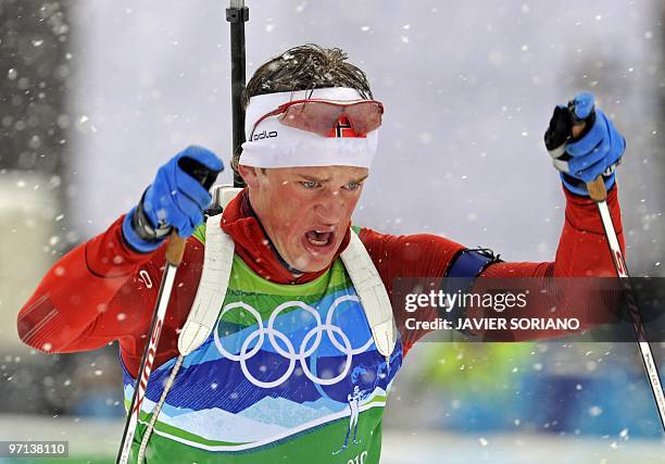 Norway's Tarjei Boe competes in the men's Biathlon 4 x 7.5 km relay at Whistler Olympic Park during the Vancouver Winter Olympics on February 26,...