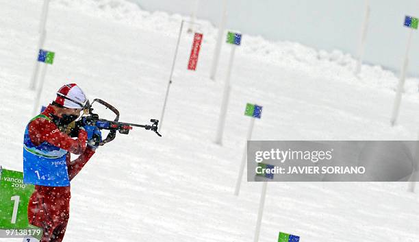 Norway's Ole Einar Bjoerndalen competes in the men's Biathlon 4 x 7.5 km relay at Whistler Olympic Park during the Vancouver Winter Olympics on...