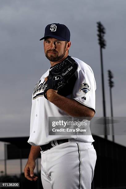 Heath Bell of the San Diego Padres poses during photo media day at the Padres spring training complex on February 27, 2010 in Peoria, Arizona.