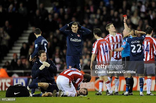 Ryan Shawcross of Stoke City is sent off by Referee Peter Walton for a challenge on Aaron Ramsey of Arsenal during the Barclays Premier League match...
