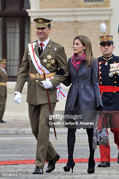 Prince Felipe of Spain and Princess Letizia of Spain attend a military event on February 27, 2010 in Zaragoza, Spain.